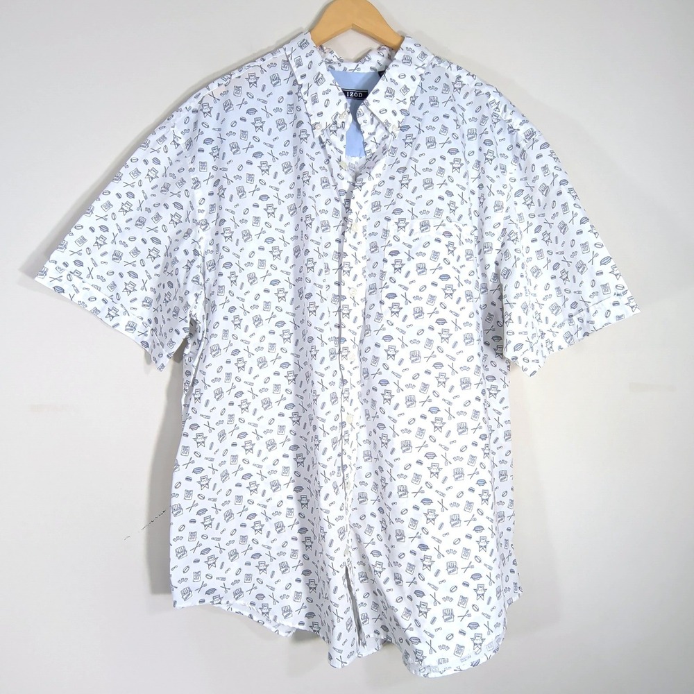 IZOD White Short Sleeve Button Down; Tailgate BBQ Football Novelty Print 2XL